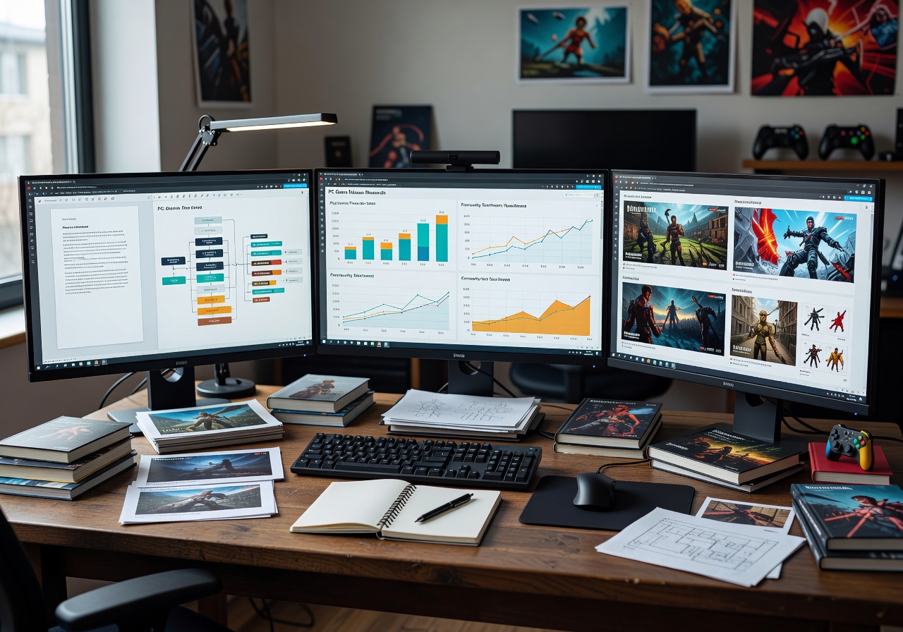 Editorial workstation with multiple monitors displaying PC game release research and writing tools