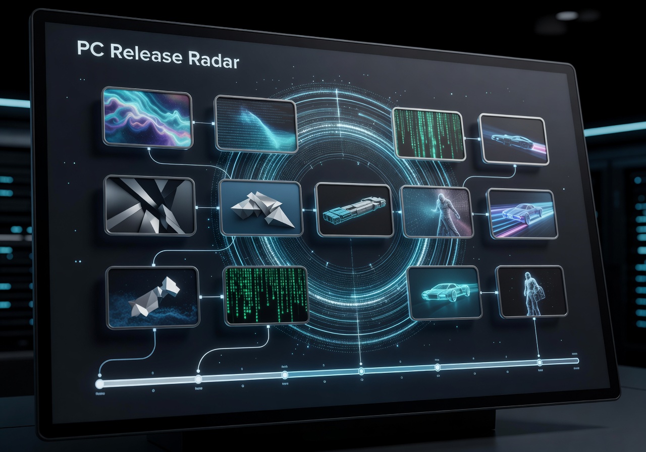 Futuristic editorial dashboard showing upcoming PC game release cards and timelines